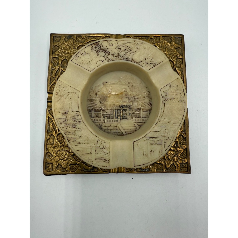 Vintage Japanese Brass Ashtray Carved Resin Temple Dragon Mt‎ Fuji Two Piece Set